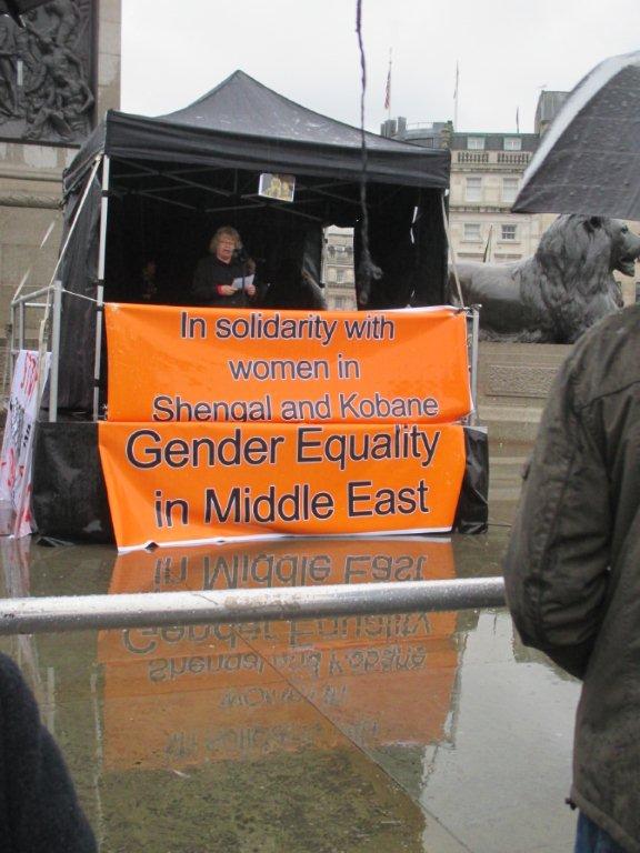 Jean speaking at a rally in Trafalgar Square, London